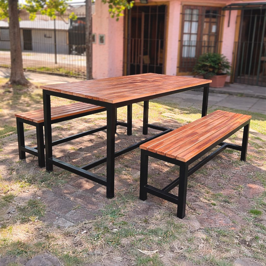 Juego de mesa y bancos en madera y hierro MAHUA